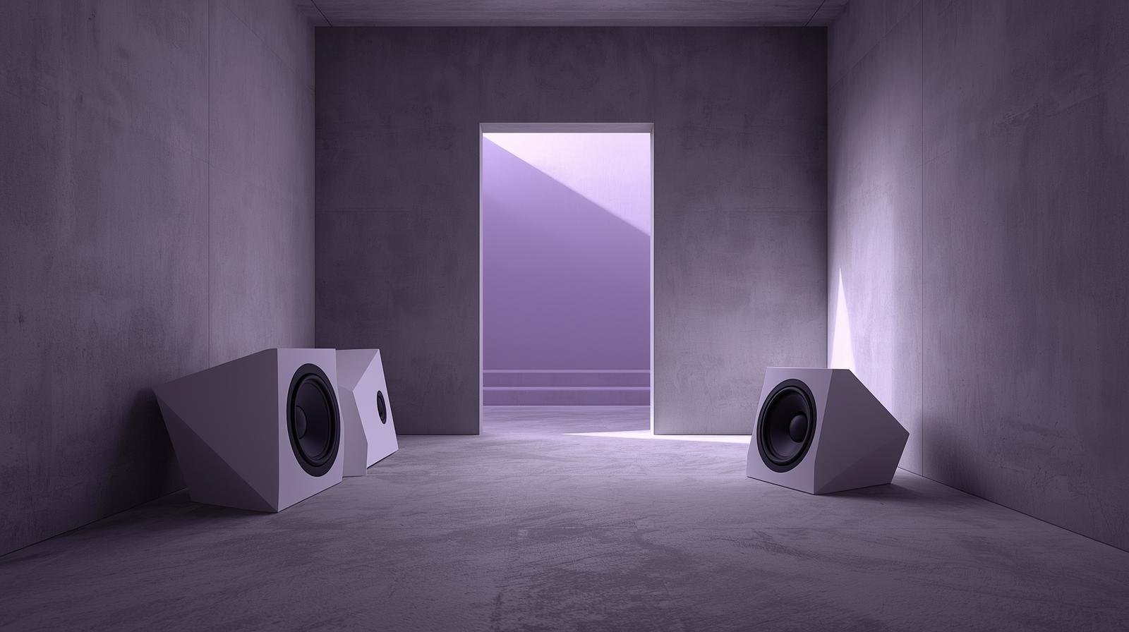 A minimalist and clean photography style capturing abstract speakers with sharp, angular edges, set against a minimalistic ambient background of smooth grey walls in a minimal brutal villa. A g (1)